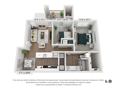A 3D floor plan of a small apartment with a kitchen, living room, and bedroom.